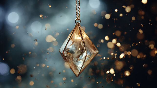 A faceted crystal pendant encased in gold hangs elegantly against a sparkling bokeh background. The gem’s brilliance and shimmering accents create a luxurious, magical atmosphere.