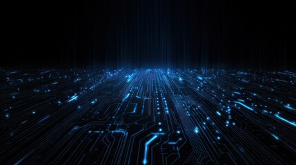 Abstract digital circuit board with glowing blue data streams in darkness.