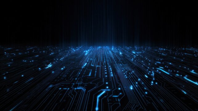 Abstract digital circuit board with glowing blue data streams in darkness.
