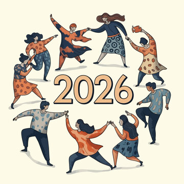 People dancing in a circle around the year 2026.