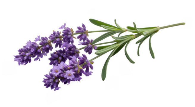 Purple lavender sprigs with green leaves isolated on a transparent background