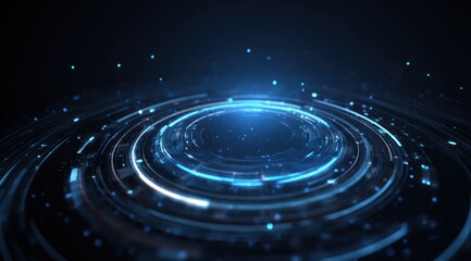 Abstract dark background with glowing blue concentric light rings and particles.