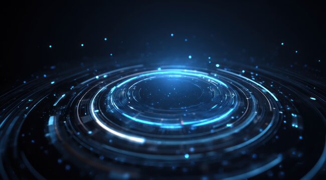 Abstract dark background with glowing blue concentric light rings and particles.