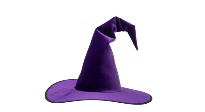 Purple velvet witch hat with pointed crown and wide brim isolated on a transparent background