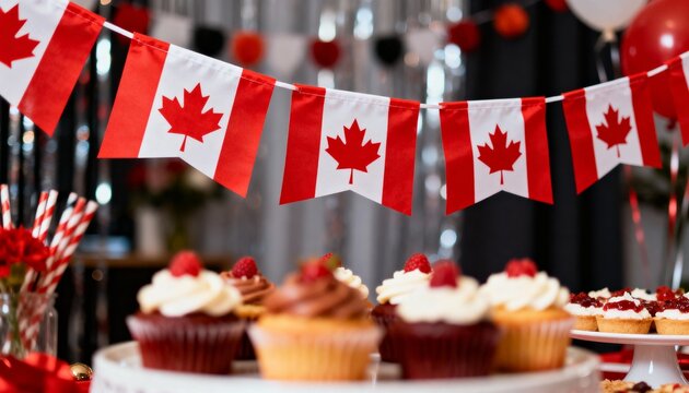 canadian flag decorations with cupcakes celebrating canada day in festive setting