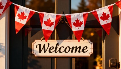 canadian flag bunting and welcome sign on door at sunset for canada day celebration