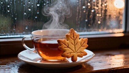 steaming hot tea with maple leaf cookie on rainy autumn day by a window