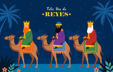 Feliz Dia de Reyes Illustration Three Wise Men Riding Camels