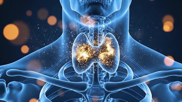 Medical illustration depicting a glowing inflamed thyroid gland inside the neck of a transparent blue human body