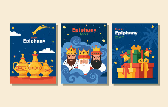 Happy Epiphany Day Vertical Card Set Three Kings Gifts and Vessels