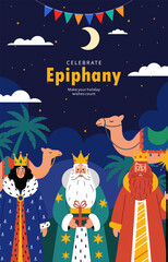 Celebrate Epiphany Poster with Three Wise Men and Camels at Night