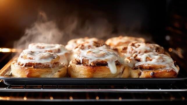 Fresh cinnamon rolls covered in creamy icing steam in the oven. The gooey pastries glisten with sweet glaze, promising a delightful treat.
