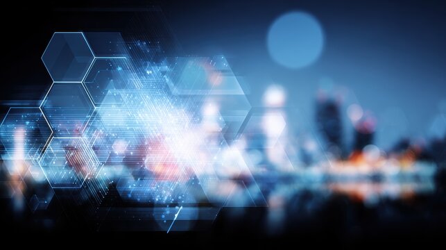A futuristic digital cityscape overlayed with glowing hexagons and light effects. The modern technology concept features a blue night urban skyline with digital connections. - Powered by Adobe