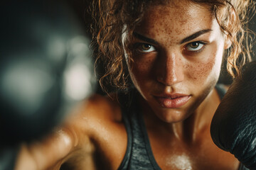 Intense close-up of a sweaty athletic woman training with boxing gloves, staring straight into the camera with fierce determination under dramatic warm gym lighting, symbolizing strength, focus, and f