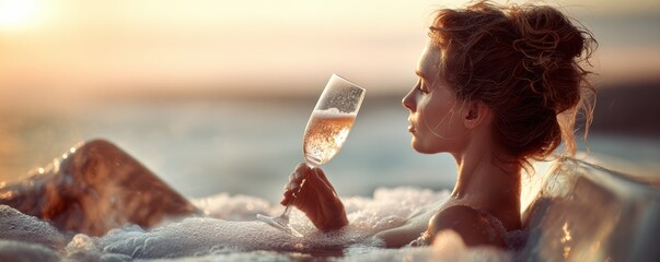 A glamorous woman relaxes in a bubbling jacuzzi at sunset, holding a crystal flute of champagne. Warm golden hour light and ocean views exude luxury and serenity.