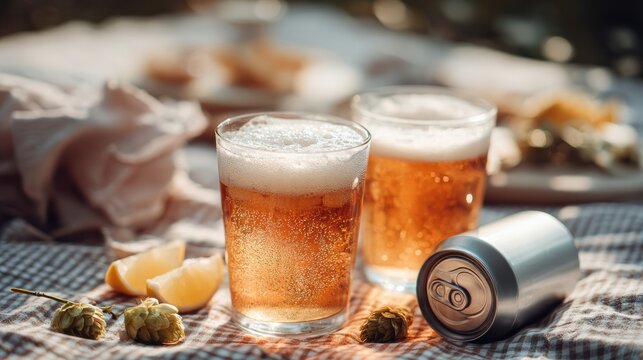 Two frothy glasses of beer on a checkered picnic cloth in warm sunlight. Fresh hops, lemon wedges, and a can accentuate this refreshing summer beverage scene.