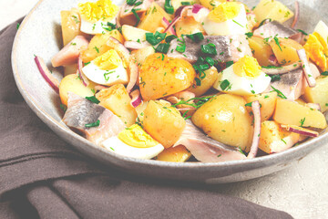potato salad with herring and eggs, Scandinavian cuisine, homemade, no people,