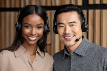 Diverse customer service team wearing headsets and smiling