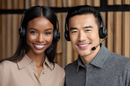 Diverse customer service team wearing headsets and smiling