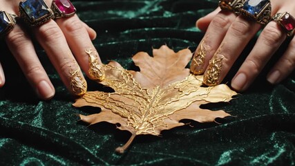 Womans hands displaying gemstone rings on green velvet surface. Close-up macro view of jeweled fingers transitioning to gold autumn leaf interaction. Luxury jewelry and nature fusion concept. - Powered by Adobe