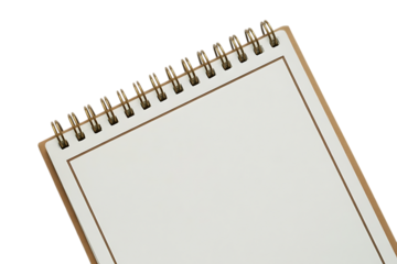Close up of a blank spiral bound notebook with white pages and a metal binding isolated on transparent background