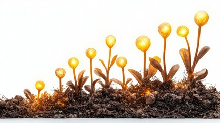 A creative representation of glowing plants emerging from rich soil, symbolizing growth and innovation in nature.