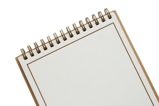 Close up of a blank spiral bound notebook with white pages and a metal binding isolated on transparent background