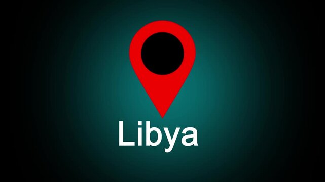 A glowing red location pin hovering above the world in Libya text on a dark teal and black gradient background, featuring a bright highlight effect and modern digital map style design