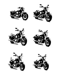 Black and White Cruiser Motorcycle Silhouettes: Vector Set of Classic Chopper, Bobber, and V-Twin Bike Icons, Ideal for Apparel and Branding.