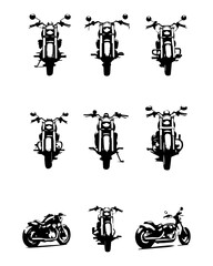 Front View Motorcycle Silhouettes Vector Set: Nine Black and White Icons of Cruiser and Chopper Bikes, Ideal for Emblems, Logos, and Graphic Design.