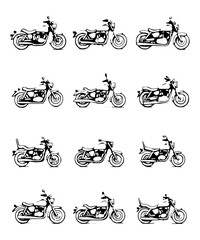 Minimalist Motorcycle Outlines Vector Set: Twelve Line Art Illustrations of Cruiser, Chopper, and Bobber Bikes for Icons, Logos, and Graphic Design