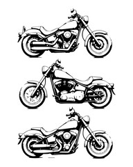 Black & White Cruiser Motorcycle Art Hand-Drawn Vector Set of Classic Chopper & Bobber Illustrations, Plus Flat Design Rider Icons