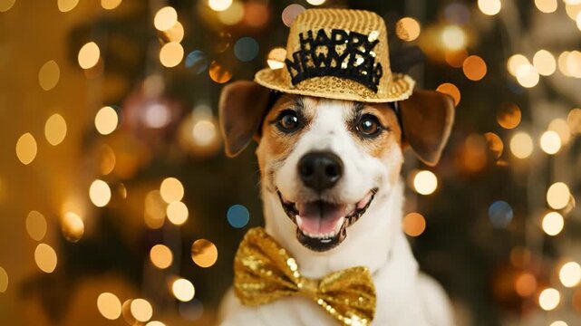 Christmas video 4k, with jack russell dog in party hat. New Year concept.