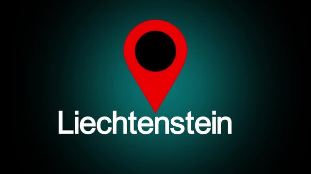A glowing red location pin hovering above the world in Liechtenstein text on a dark teal and black gradient background, featuring a bright highlight effect and modern digital map style design