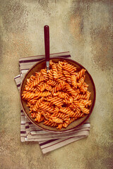 fusilli pasta dish, made with tomato sauce, homemade, no people,