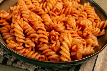 fusilli pasta dish, made with tomato sauce, homemade, no people,
