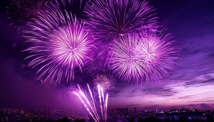 celebration with vibrant purple fireworks lighting up the night sky during an anniversary event in a joyful atmosphere