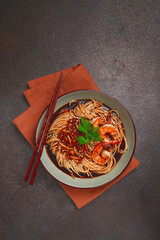 soba, buckwheat noodles, with shimeji mushrooms and tiger shrimps, homemade, no people,