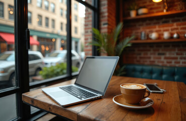 Laptop and coffee latte sit on a rustic wood table inside a warm cafe. The window overlooks a busy city street with buildings and cars. This urban setting is perfect for remote work or relaxation.