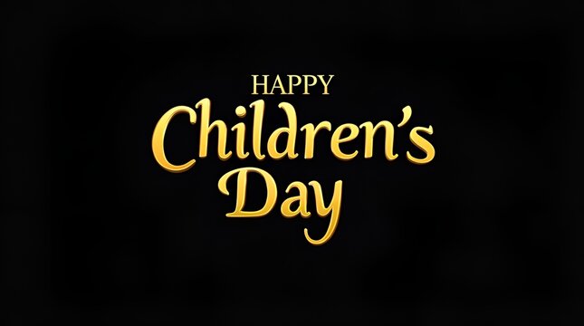 Bold luminous gold typography reading ‘Happy Children’s Day’ illuminated on a rich black background