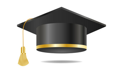 Black graduation cap with gold element. Congratulations on graduation. Vector
