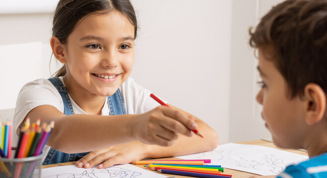 young girl sharing crayons with friend while drawing together at home on a sunny day