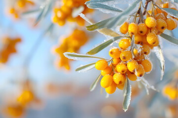 A frozen sea buckthorn twig against a blue sky, painting.