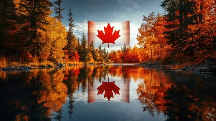 Canadian maple leaf flag over scenic autumn forest reflection by a lake. Independence Day of Canada - Powered by Adobe