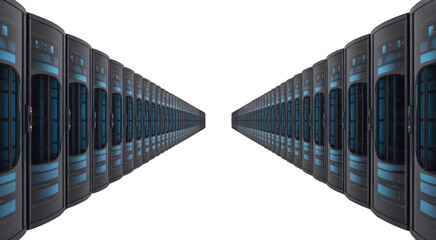 Rows of dark gray server racks with glowing blue lights receding into blackness isolated on a transparent background
