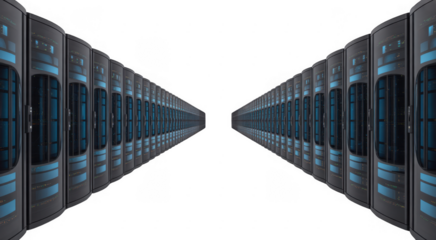 Rows of dark gray server racks with glowing blue lights receding into blackness isolated on a transparent background