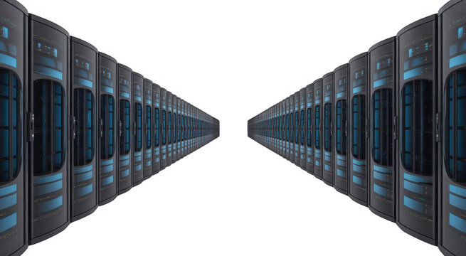 Rows of dark gray server racks with glowing blue lights receding into blackness isolated on a transparent background