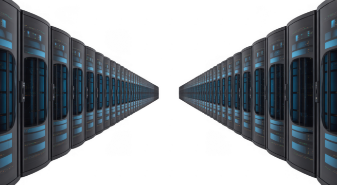 Rows of dark gray server racks with glowing blue lights receding into blackness isolated on a transparent background