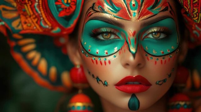 Vibrant face paint on asian young woman with elaborate headpiece. Cinco de Mayo, Battle of Puebla Day, Mexican Heritage Festival - Latin American Cultural Celebration