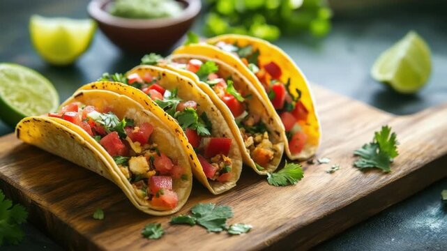 Fresh chicken tacos with tomato and cilantro garnish on wooden board. Cinco de Mayo, Battle of Puebla Day, Mexican Heritage Festival - Latin American Cultural Celebration